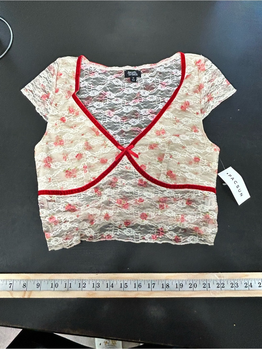 PacSun Cream Lace Cropped Top with Pink Rose Embroidery and Red Trim